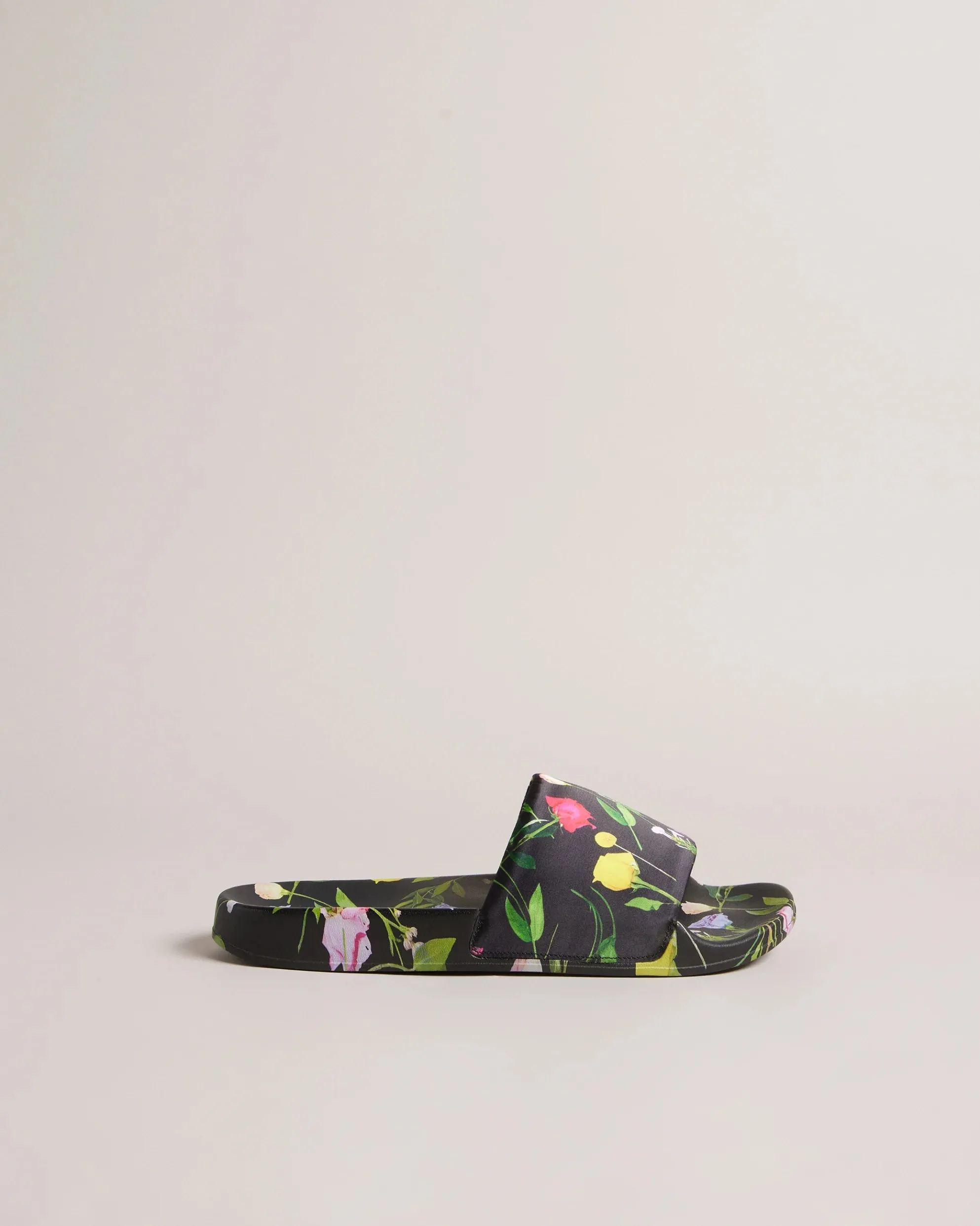 Azzi Floral Printed Satin Sliders - Black