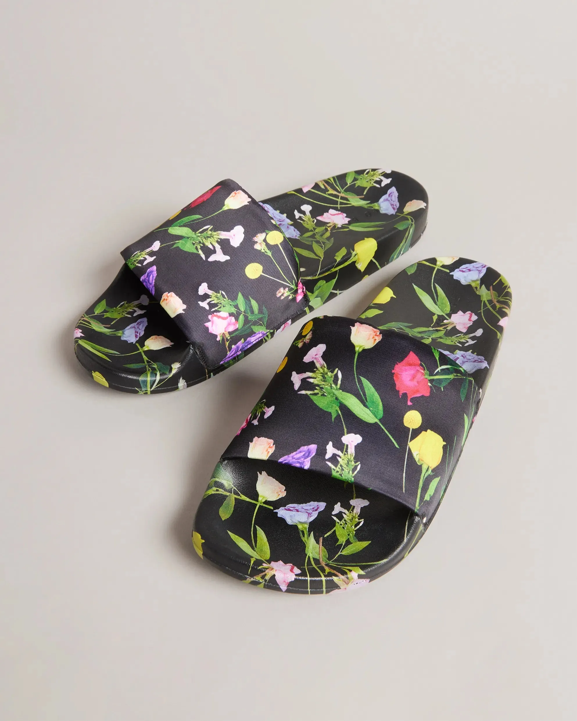 Azzi Floral Printed Satin Sliders - Black