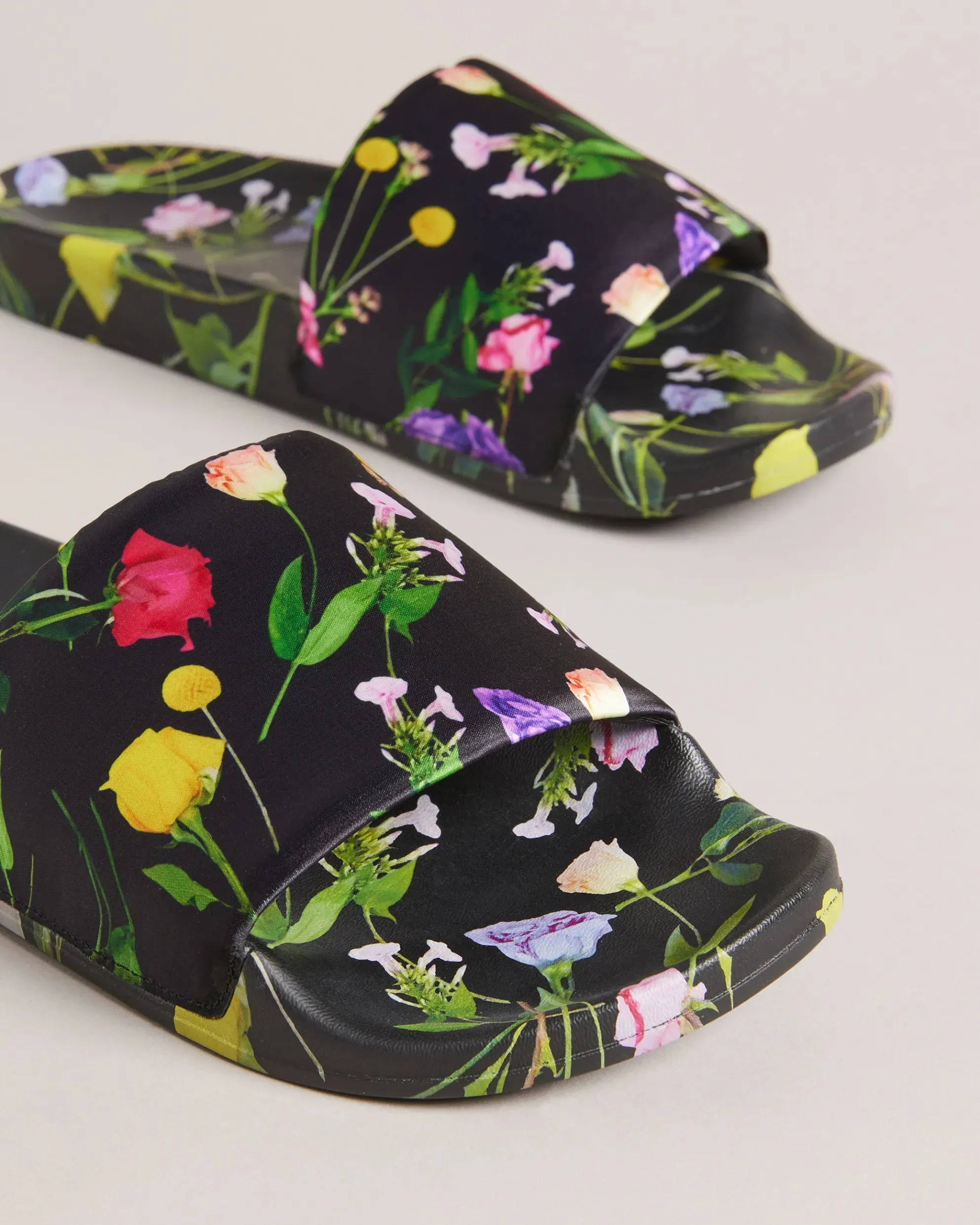 Azzi Floral Printed Satin Sliders - Black