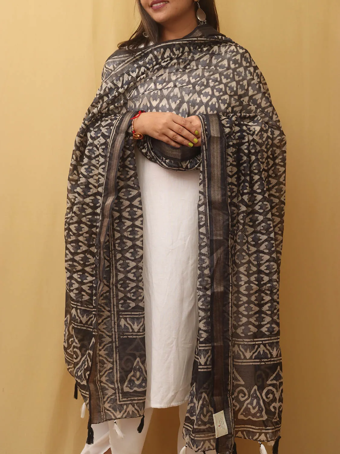 Black Block Printed Chanderi Silk Dupatta