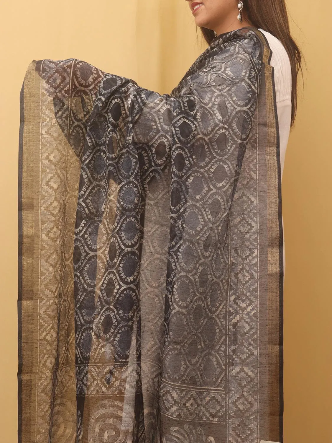 Black Block Printed Chanderi Silk Dupatta