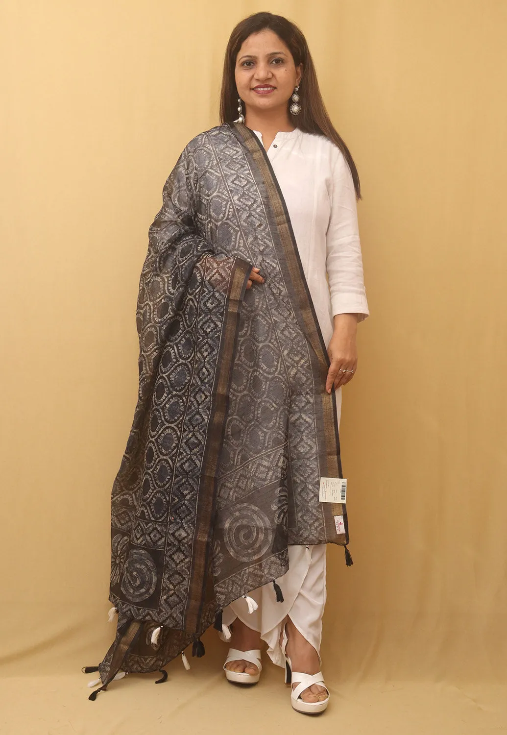 Black Block Printed Chanderi Silk Dupatta