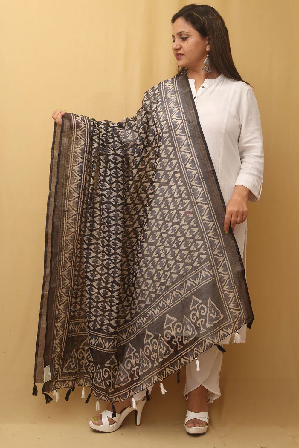 Black Block Printed Chanderi Silk Dupatta