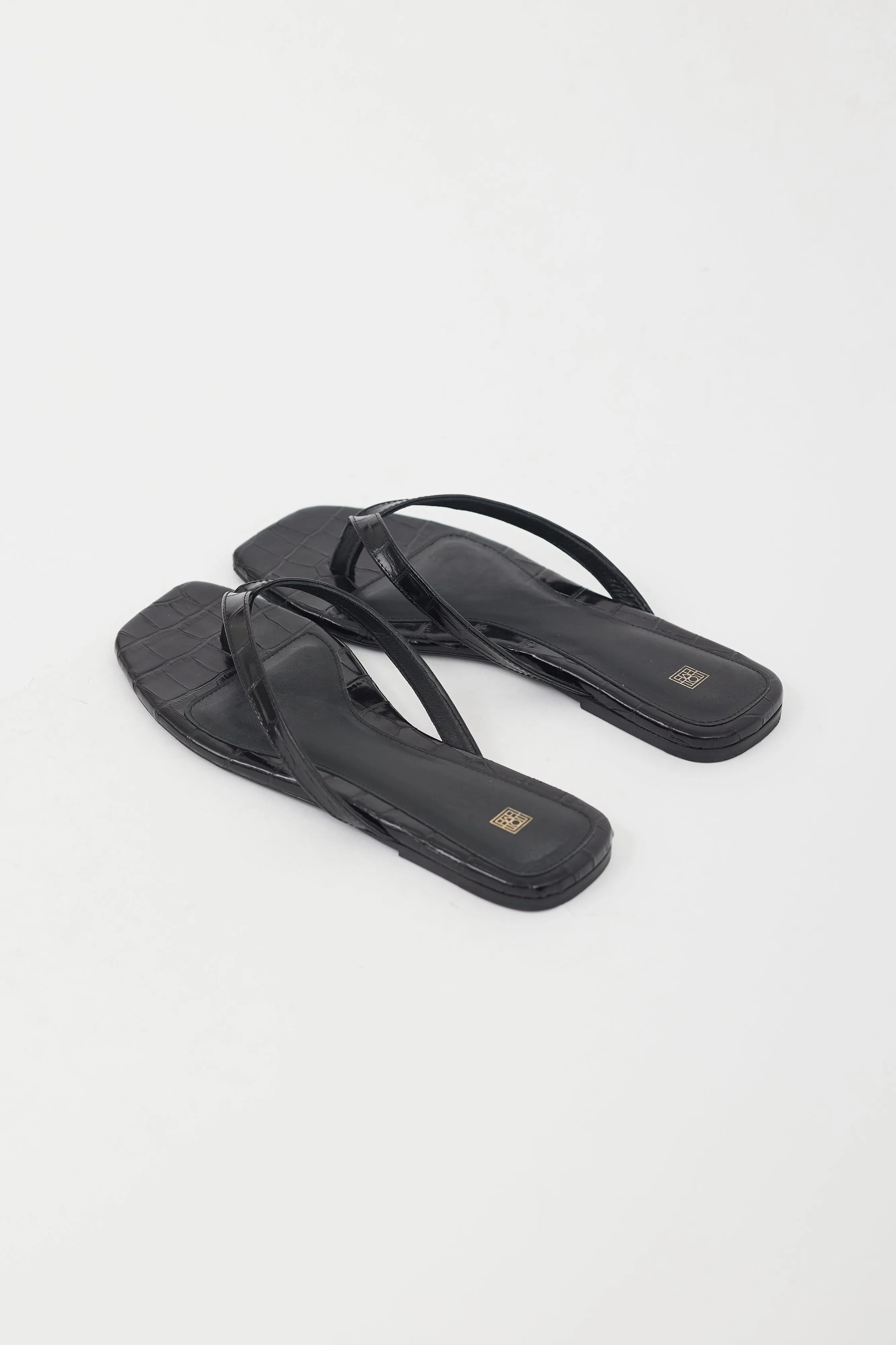 Black Shiny Leather Embossed Flip Flops