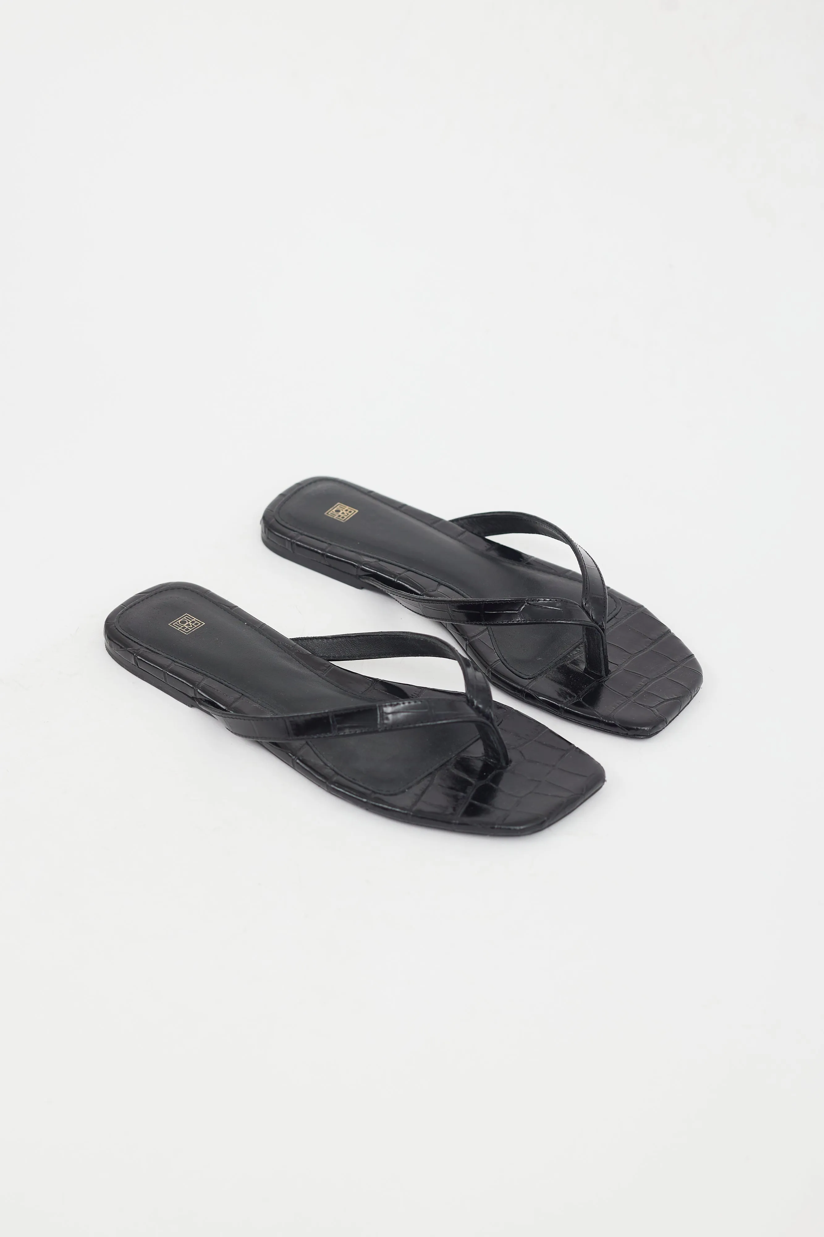 Black Shiny Leather Embossed Flip Flops