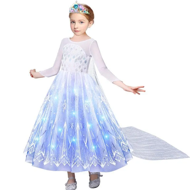 Girls' sequin printed long sleeved luminous princess dress  Sparkling Ice Queen Gown  LED Blue Princess Dress Carnival birthday party Halloween performance costume