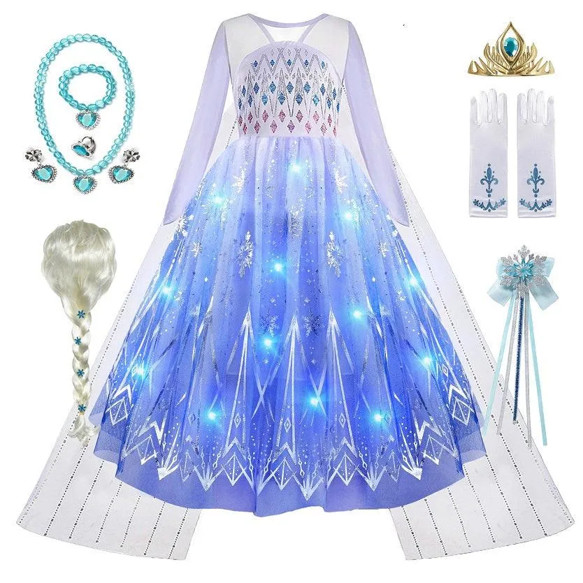 Girls' sequin printed long sleeved luminous princess dress  Sparkling Ice Queen Gown  LED Blue Princess Dress Carnival birthday party Halloween performance costume