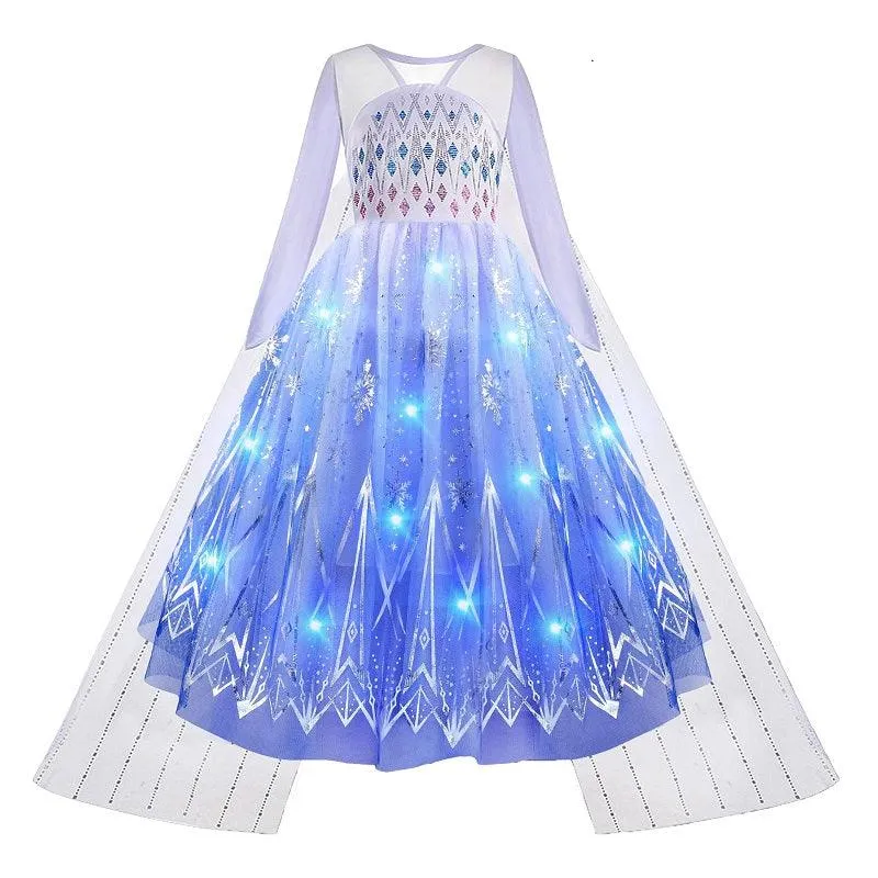 Girls' sequin printed long sleeved luminous princess dress  Sparkling Ice Queen Gown  LED Blue Princess Dress Carnival birthday party Halloween performance costume