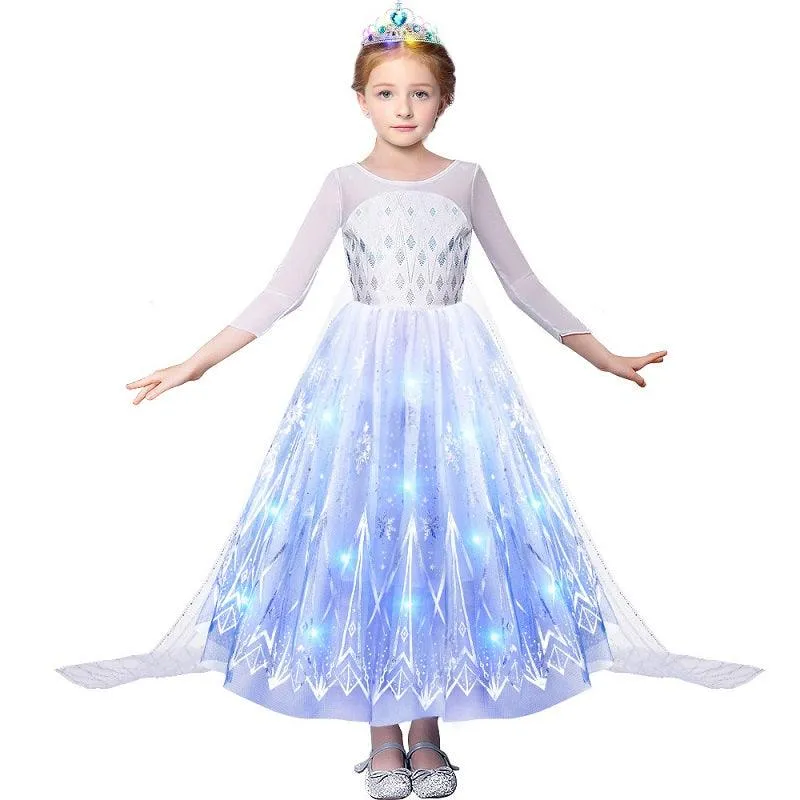 Girls' sequin printed long sleeved luminous princess dress  Sparkling Ice Queen Gown  LED Blue Princess Dress Carnival birthday party Halloween performance costume