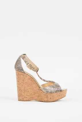 Gold Leather & Cork Printed Pela Wedge Sandal