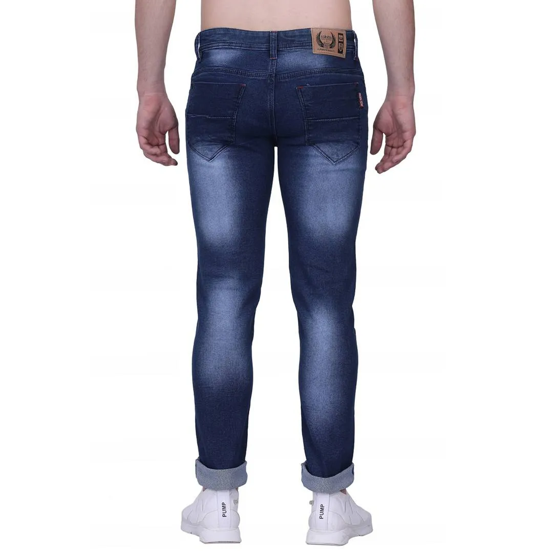 Men's Blue Cotton Blend Faded Slim Fit Jeans