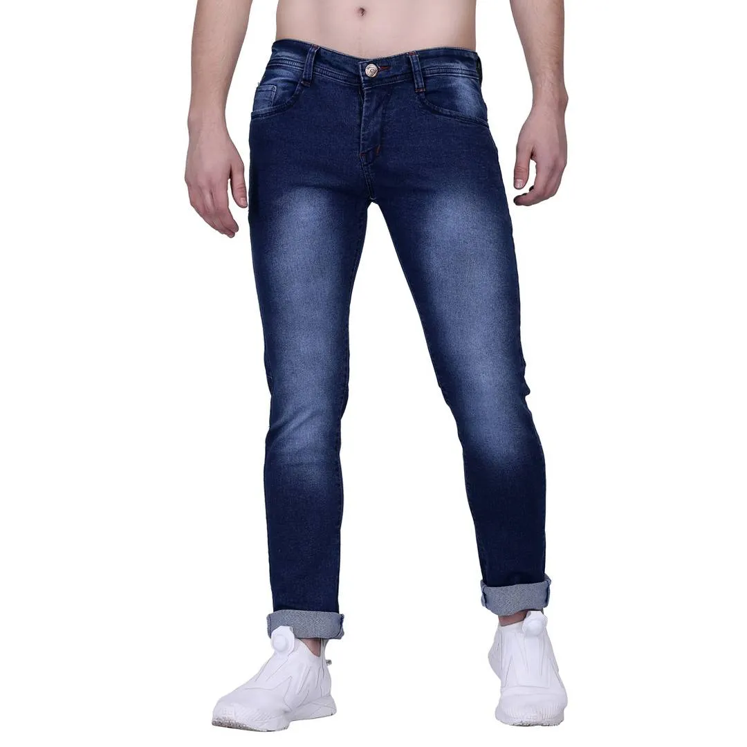 Men's Blue Cotton Blend Faded Slim Fit Jeans