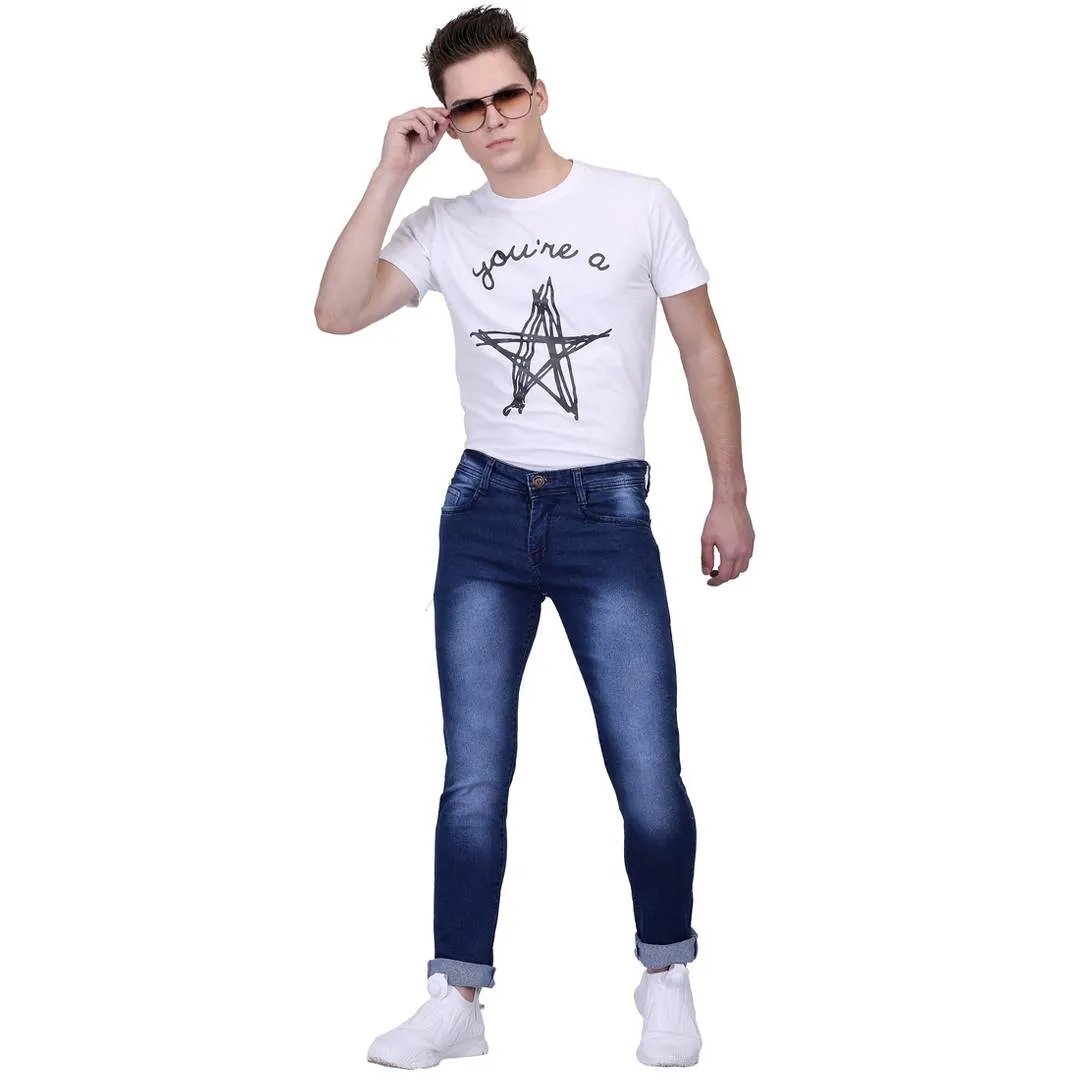 Men's Blue Cotton Blend Faded Slim Fit Jeans