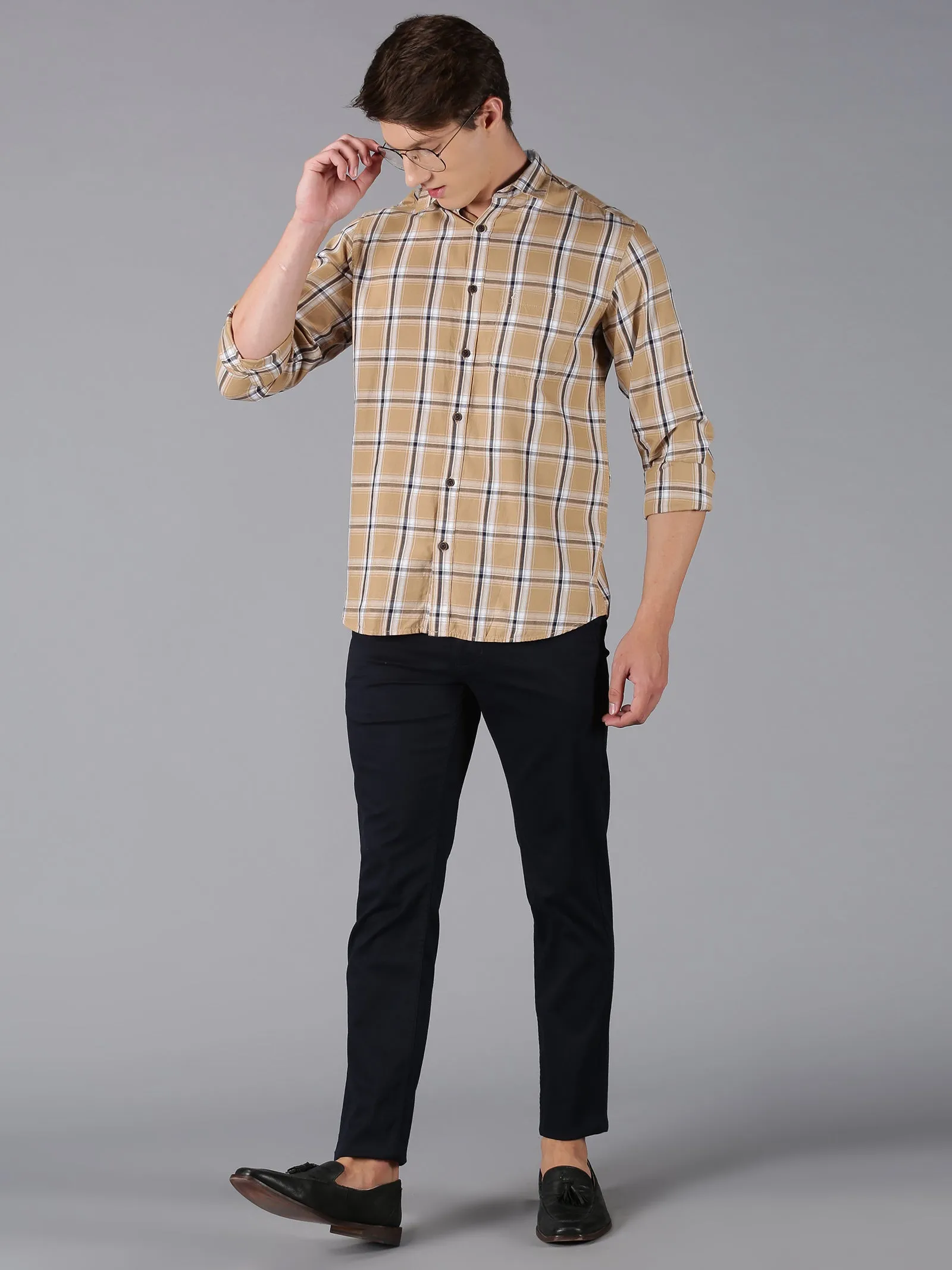 MEN'S KHAKI CHECK SLIM FIT SHIRT