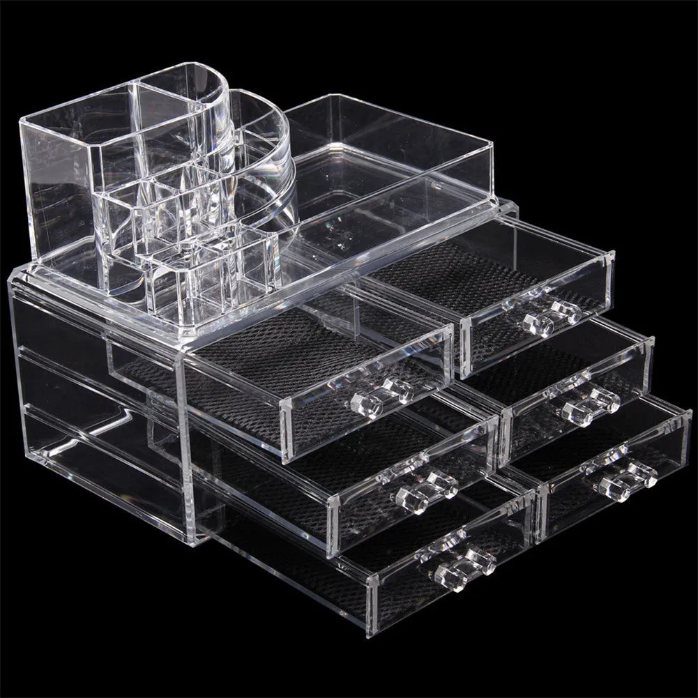 RONSHIN 2pcs/set Plastic Cosmetic Box Makeup Case 6-drawer Transparent