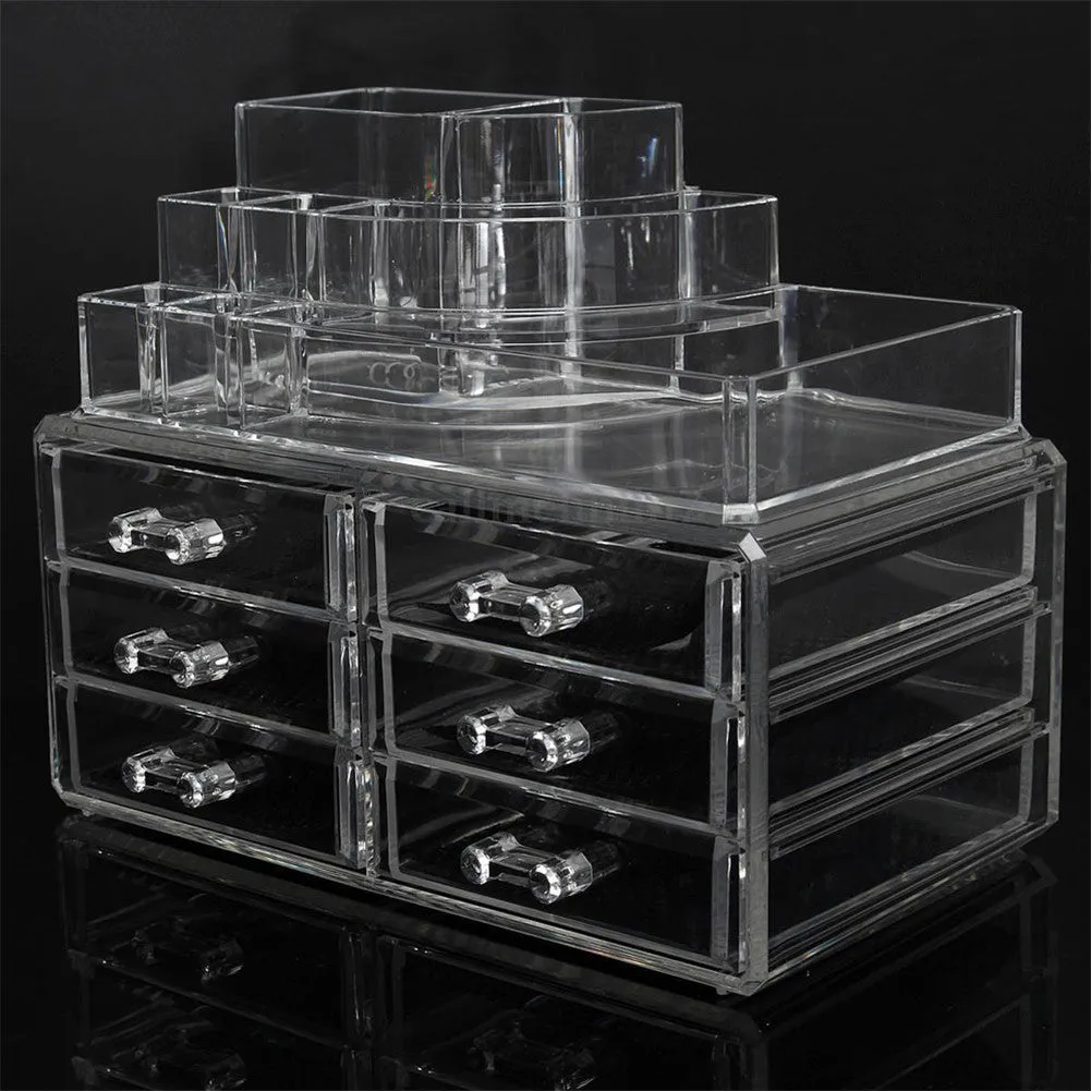 RONSHIN 2pcs/set Plastic Cosmetic Box Makeup Case 6-drawer Transparent