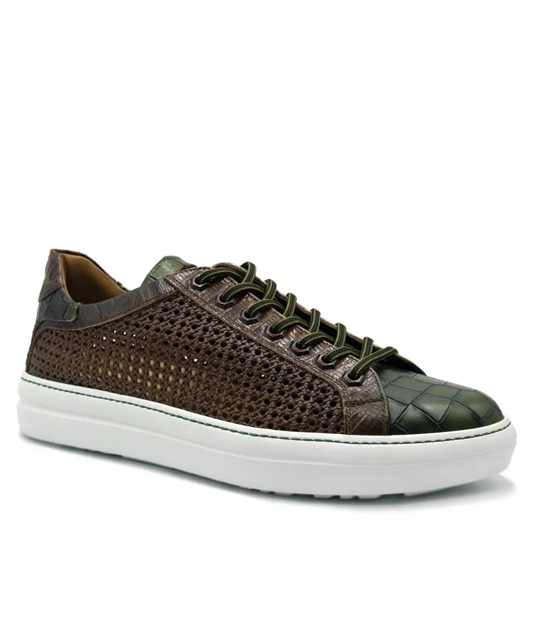 VENTO Calfskin Side Weave & Embossed Crocodile Sneaker